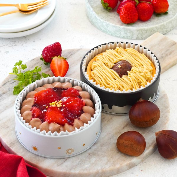 画像1: 幸せの缶ケーキ(苺ショコラタルト＆熟成和栗のモンブラン)【２缶セット】化粧箱入り (1)